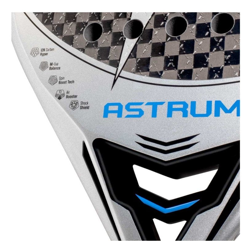 Падел ракета Star Vie Astrum + детайли, показващи технологични характеристики и дизайн на челото.