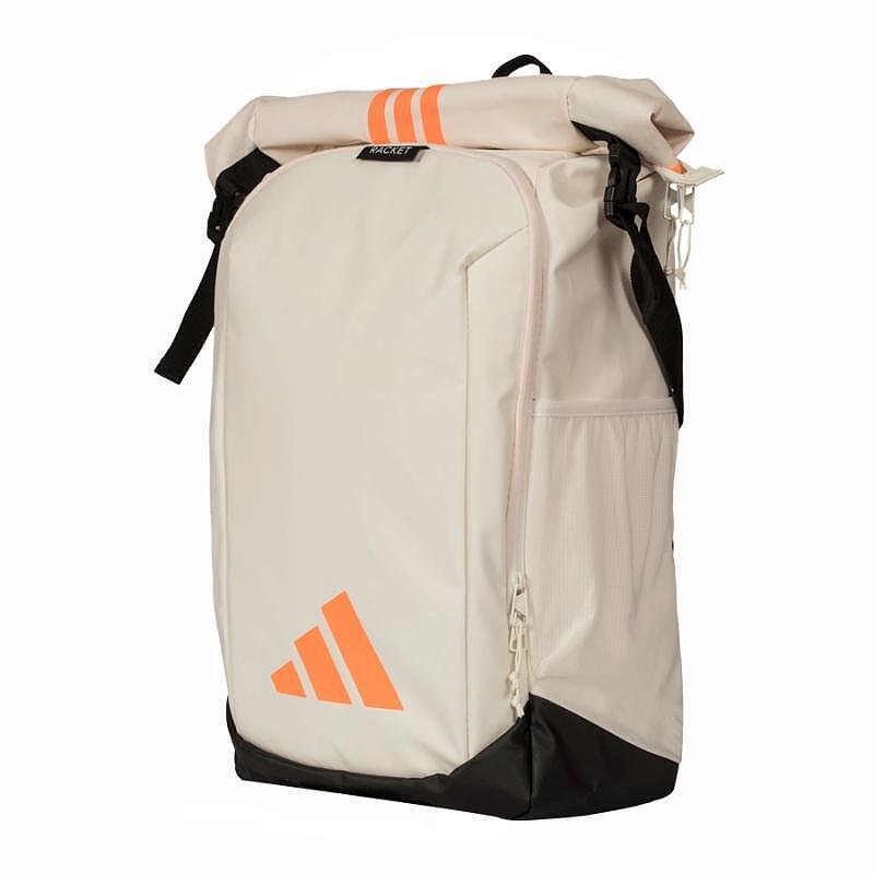 Раница adidas Backpack Multigame Off White 2026 за падел, бяла с оранжеви акценти, с roll-top основно отделение и термоизолирано отделение за ракети