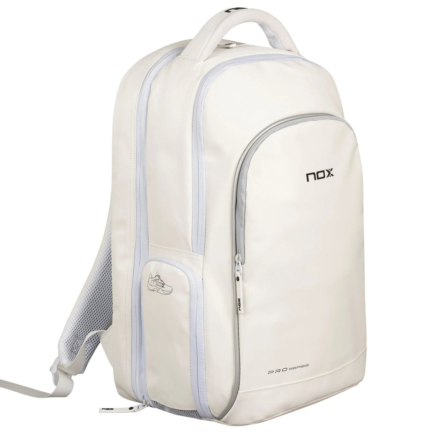 Падел раница NOX Pro Series white – бяла спортна раница с отделения за лаптоп, ракета, обувки и аксесоари, с ергономичен и стилен дизайн.