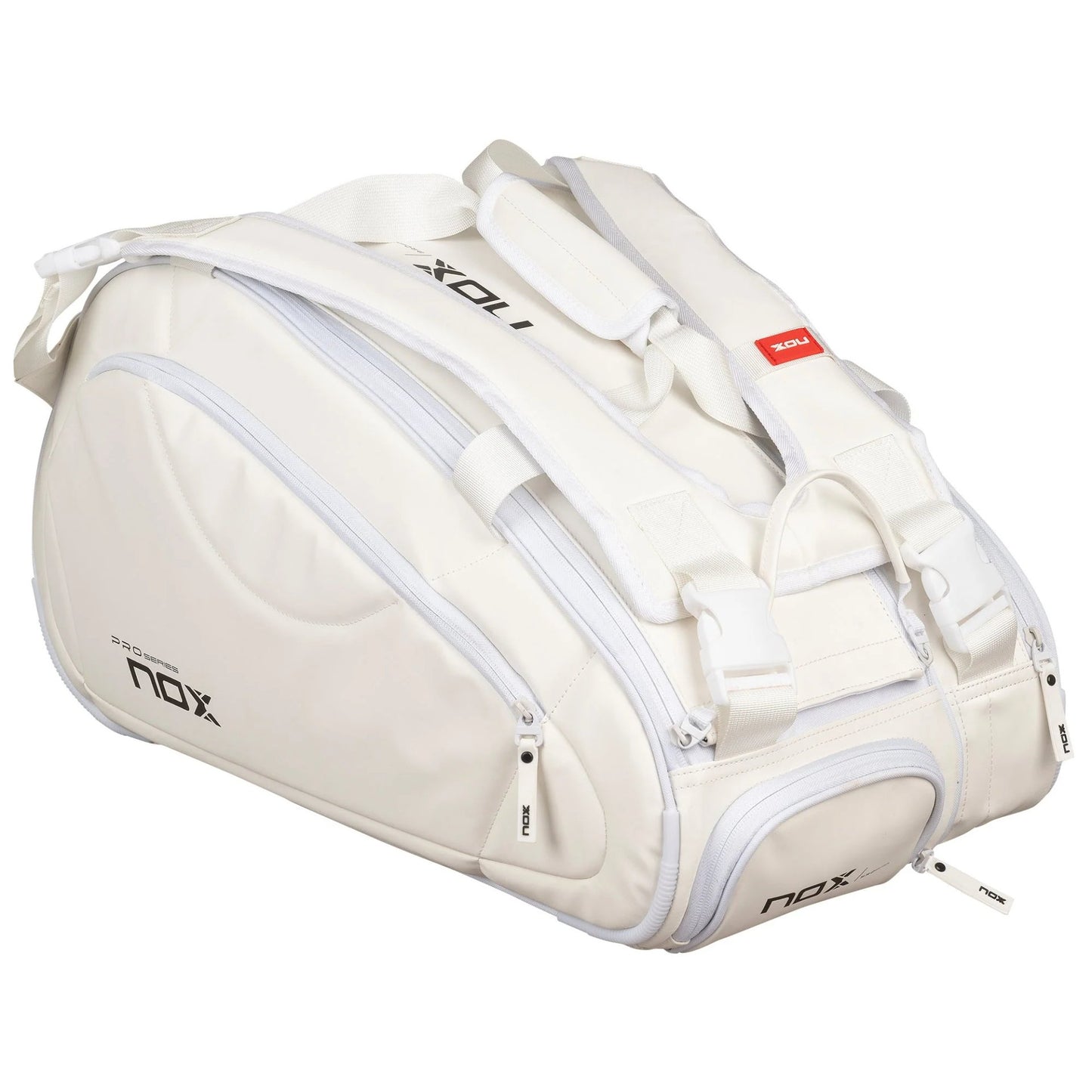 Geantă de padel NOX Pro Series White – geantă sport stilată, de culoare albă, cu compartiment termic, compartiment pentru încălțăminte și spațiu pentru până la 3 rachete de padel.