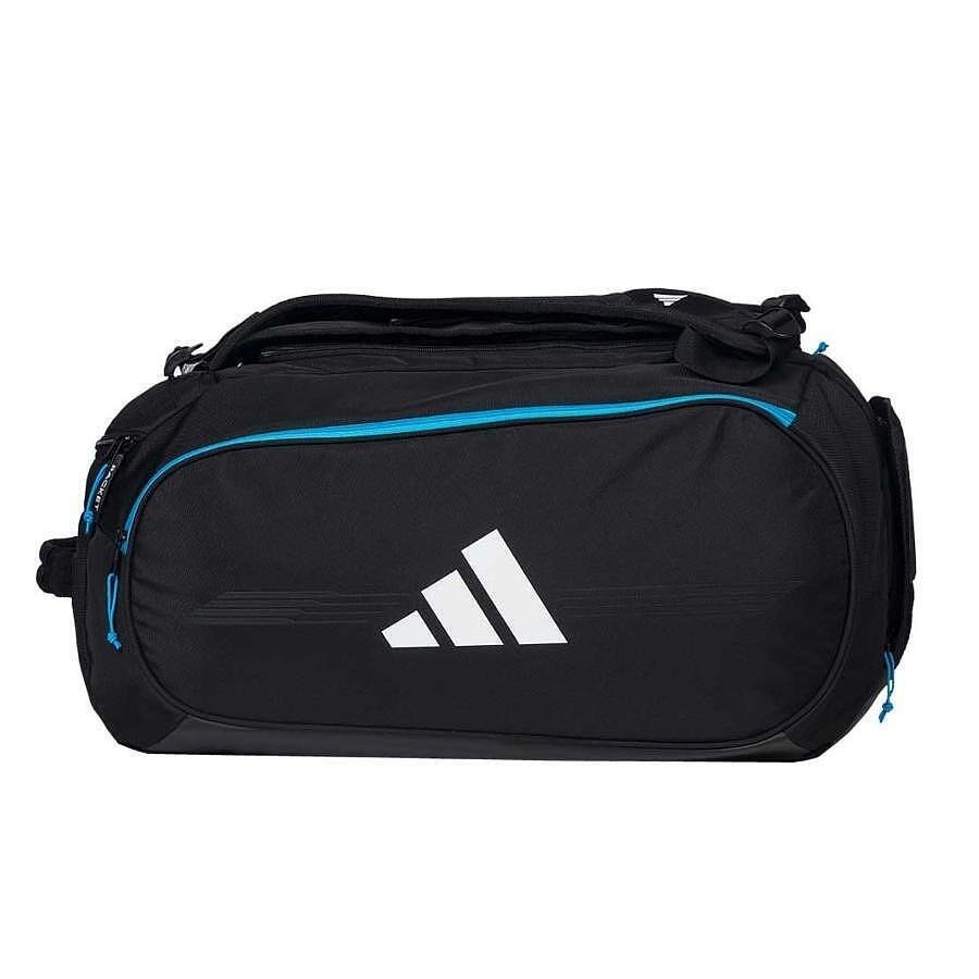 Rucsac de padel Adidas Protour 3.4 în negru și albastru, cu compartimente termoizolate pentru rachete, compartiment pentru pantofi și bretele reglabile căptușite, volum 70 litri