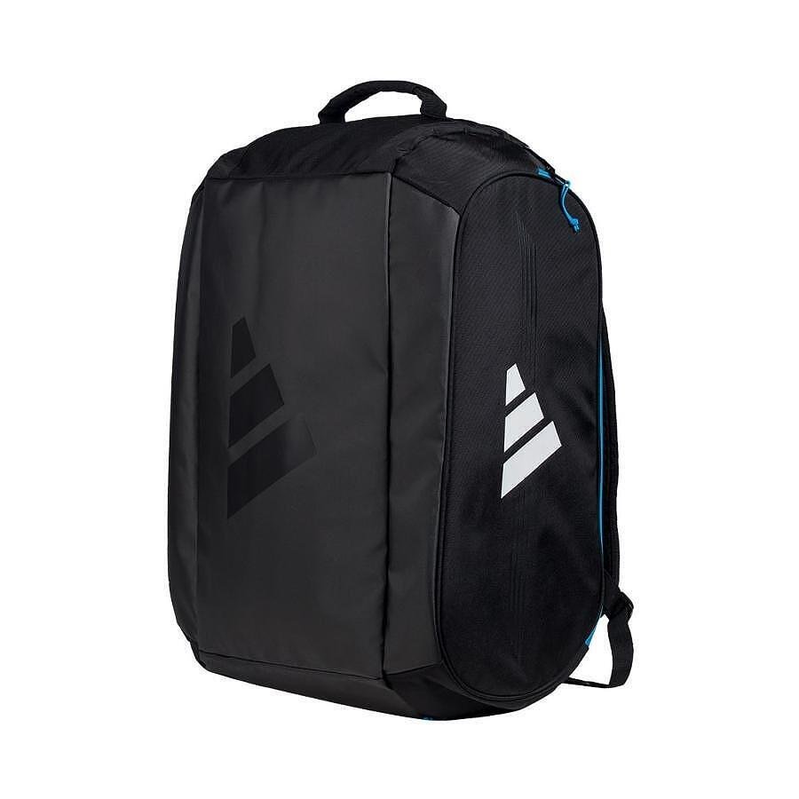 Rucsac de padel Adidas Protour 3.4 în negru și albastru, cu compartimente termoizolate pentru rachete, compartiment pentru pantofi și bretele reglabile căptușite, volum 70 litri