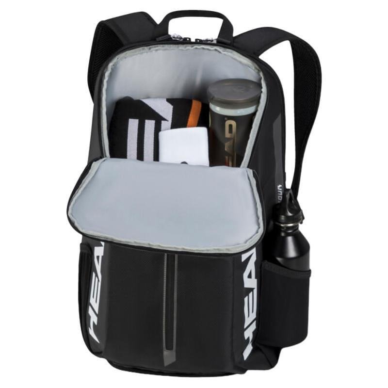 Head Tour 25L Black backpack – tennis backpack with a racket compartment, shoe compartment, and pockets for tennis gear.