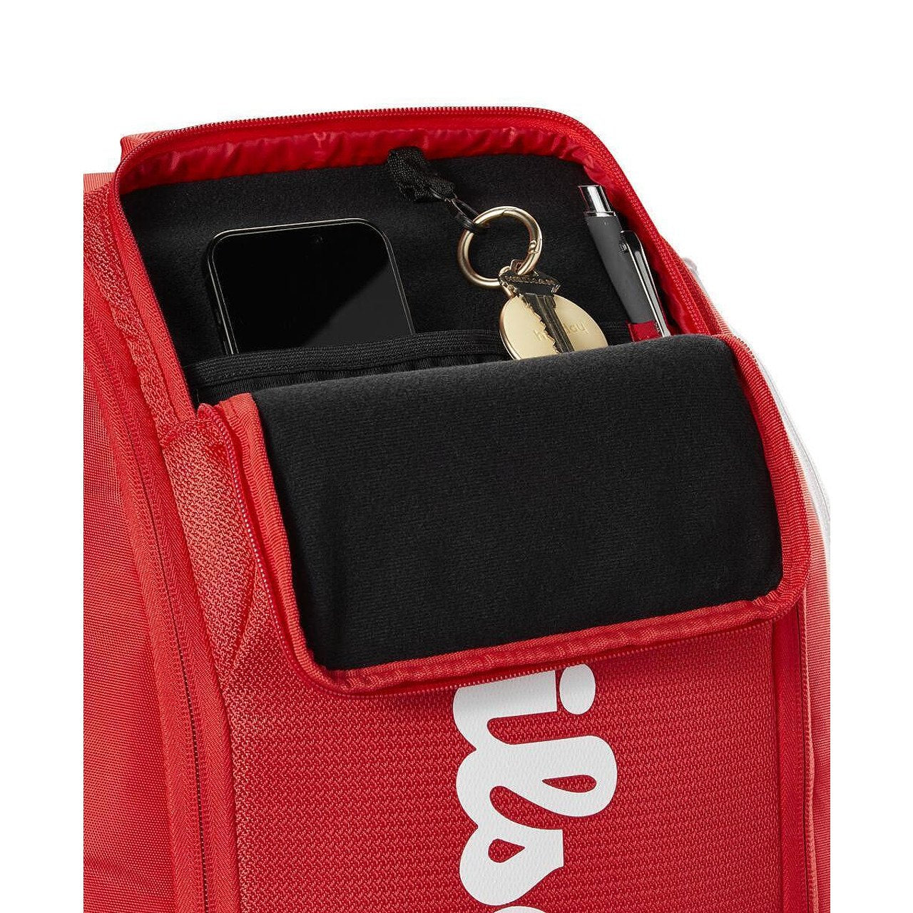 Wilson Super Tour 2025 Backpack in red with a top pocket for accessories and a comfortable design for tennis gear