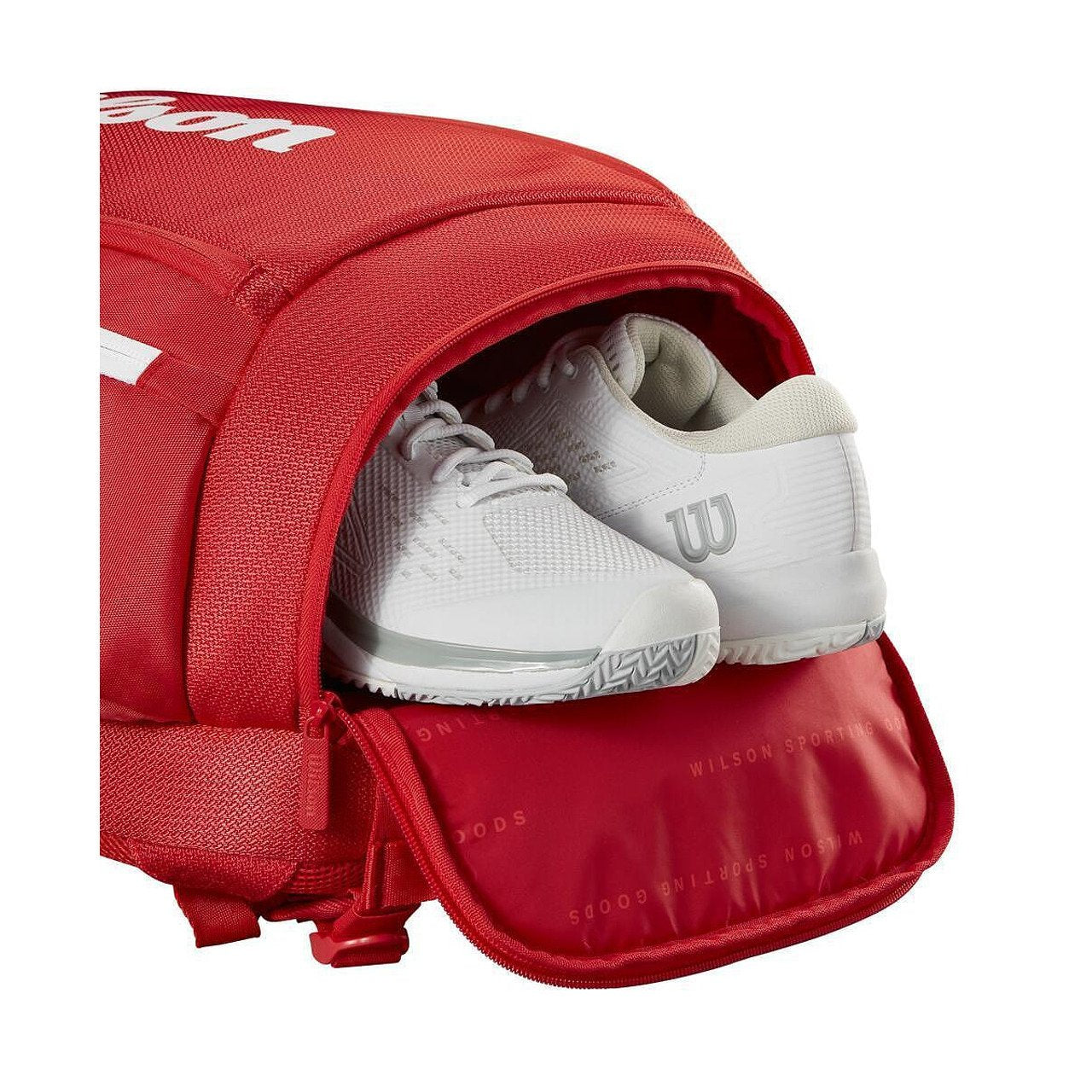 Wilson Super Tour 2025 Backpack in red with a shoe compartment and tennis gear