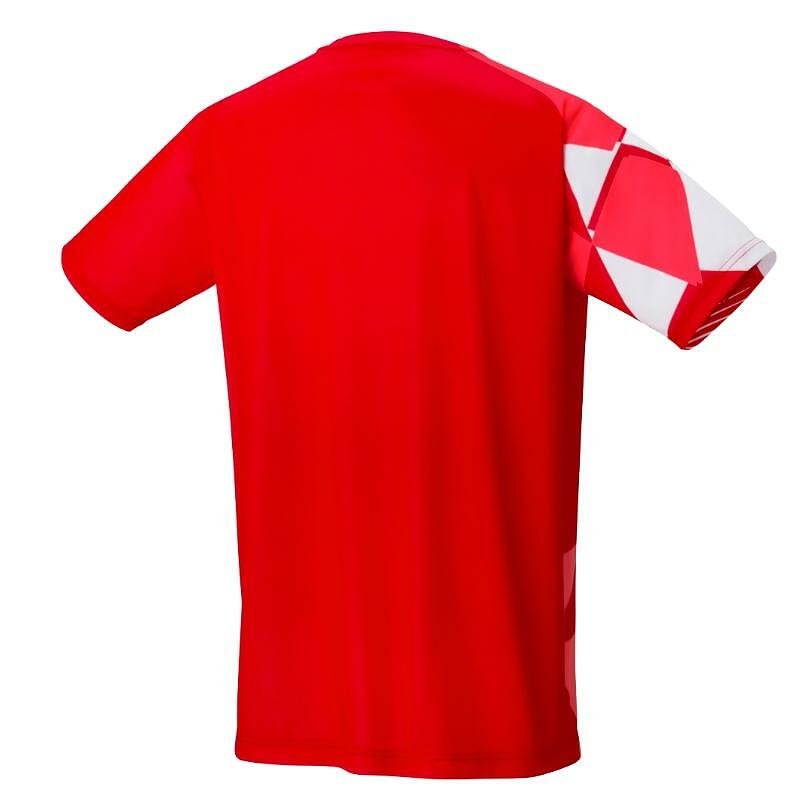 Тениска Yonex 16744 Unisex Tango Red в червено с бял геометричен акцент, стилна спортна тениска Yonex