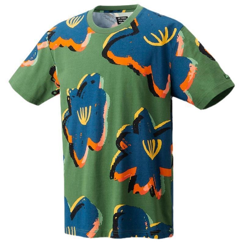 Tricou Yonex 2024 - UNISEX mărimea S, model verde-ulei cu imprimeu colorat și stil sportiv.