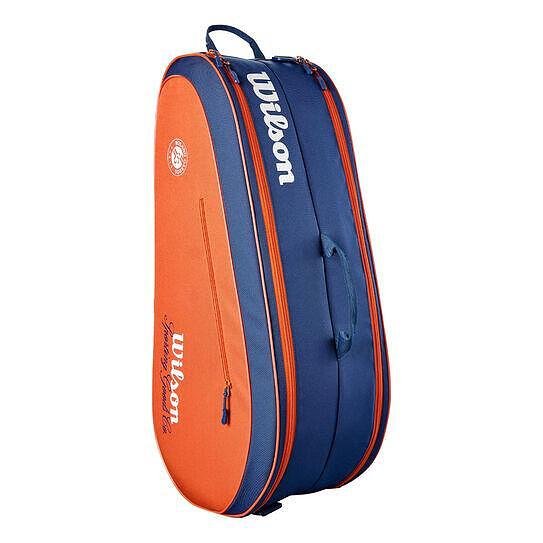 Термобег Wilson Team Roland Garros - 6 ракети, стилен тенис сак за до 6 ракети и екипировка в синьо и оранжево.